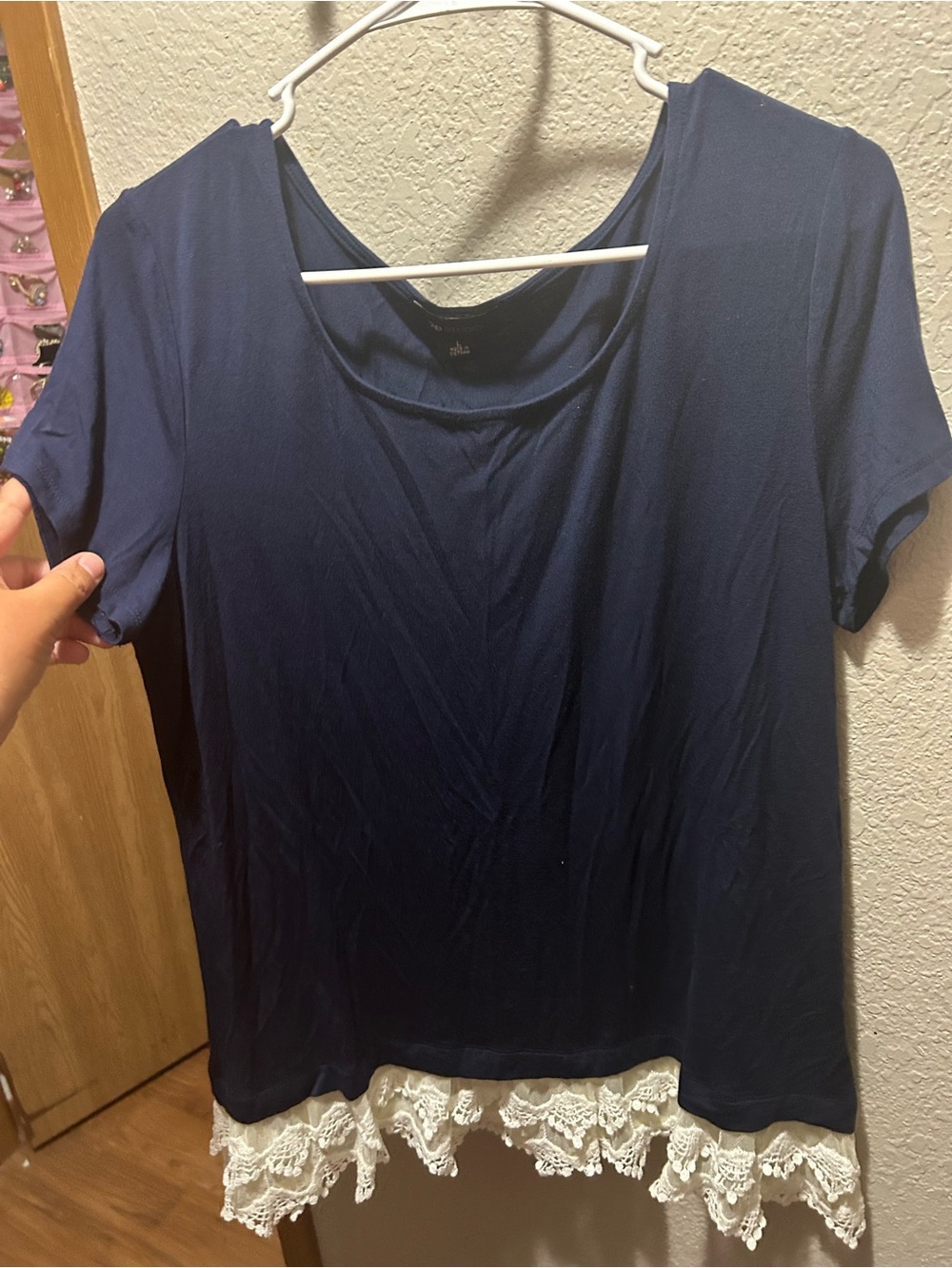 AB Studio Navy Short Sleeve Top with Cream Lace Hem